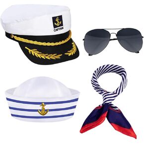 4PCS Yacht Captain Hat Sailor Hat Sunglasses Sailor Ship Cap Scarf Cap, Boat Captain Hat Accessories for Women Men Party Dress Up