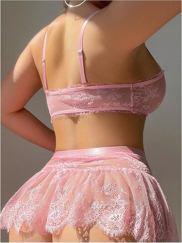 SHENHE Women's Lace Sheer Bowknot Bralettes and Thong with Ruffle Skirt Stockings Lingerie Set in Saudi Arabia