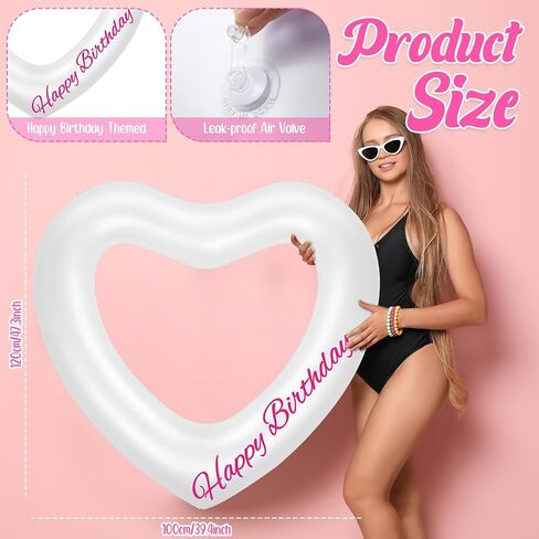 47.3 x 39.4 Inch Birthday Heart Pool Float Heart Shaped Inflatable Pool Floatie Swim Tube Rings Floating Pool Decorations for Summer Teens Adults Water Beach Swimming Party in Saudi Arabia