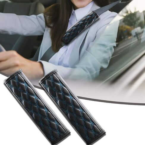 Car Seat Belt Pads, Harness Pad for All Cars and Backpack Straps,2 PCS Leather Seatbelt Covers Protect Your Neck and Shoulder & More Comfortable Driving, Car Interior Accessories (Black/Blue) in Saudi Arabia