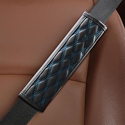 Car Seat Belt Pads, Harness Pad for All Cars and Backpack Straps,2 PCS Leather Seatbelt Covers Protect Your Neck and Shoulder & More Comfortable Driving, Car Interior Accessories (Black/Blue) in Saudi Arabia