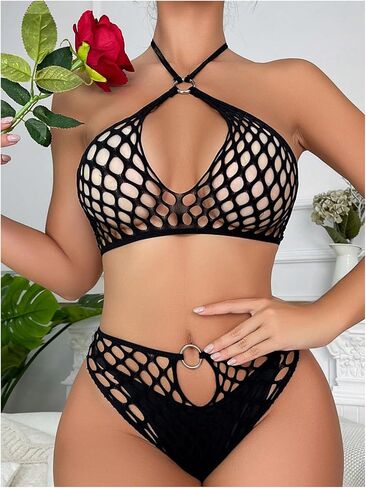 Women's 2 Piece Lingerie Set Hollow Out Fishnet Sleeveless Halter Wireless Bra and Panty Set in Saudi Arabia
