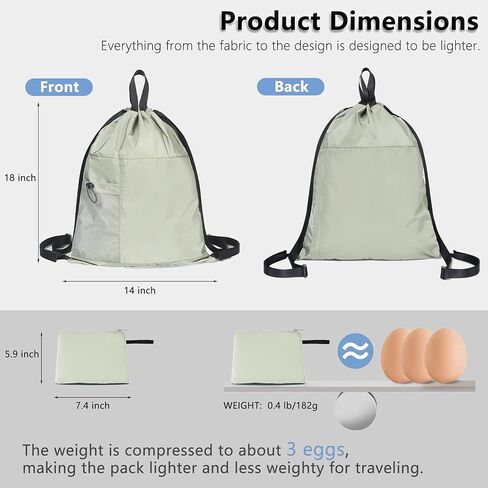 Packable Drawstring Travel Backpack, Hiking Swimming Waterproof Bag, 14L Lightweight Foldable Sports Gym Cinch Bag for Women Men, with Two Zipper Pockets and Water Bottle Mesh Pockets (Green) in Saudi Arabia