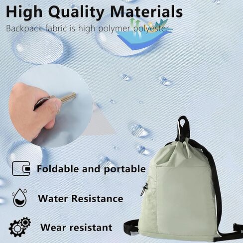 Packable Drawstring Travel Backpack, Hiking Swimming Waterproof Bag, 14L Lightweight Foldable Sports Gym Cinch Bag for Women Men, with Two Zipper Pockets and Water Bottle Mesh Pockets (Green) in Saudi Arabia