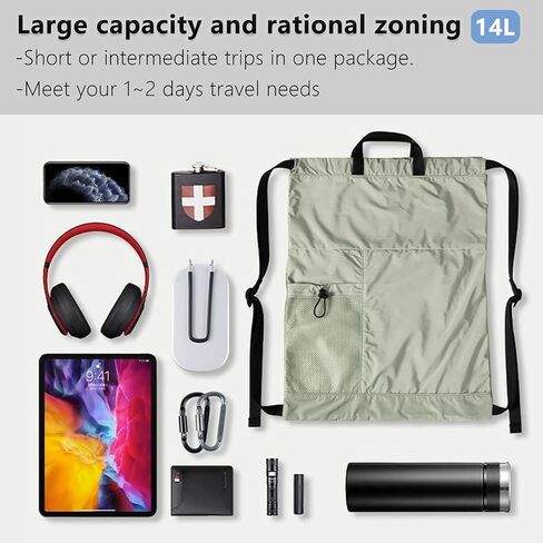 Packable Drawstring Travel Backpack, Hiking Swimming Waterproof Bag, 14L Lightweight Foldable Sports Gym Cinch Bag for Women Men, with Two Zipper Pockets and Water Bottle Mesh Pockets (Green) in Saudi Arabia