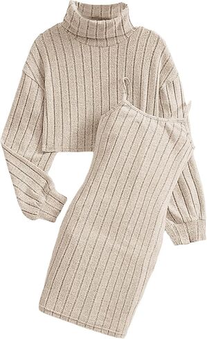 WDIRARA Girl's 2 Piece Outfits Rib Knit Sleeveless Bodycon Cami Dress and Turtleneck Tops Set in Saudi Arabia