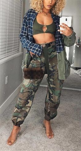 Seltaon Casual Camo Cargo Pants for Women Fall Camouflage Army Fatigue Jogger Sweatpants Trousers Plus Size in Kuwait