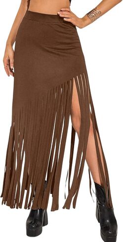 Ella Lust Womens Cowgirl Fringe Maxi Skirts - Western Country Concert Outfits Bodycon Hem Tassel High Waist Long Pencil Skirt in Saudi Arabia