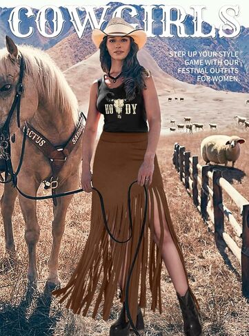 Ella Lust Womens Cowgirl Fringe Maxi Skirts - Western Country Concert Outfits Bodycon Hem Tassel High Waist Long Pencil Skirt in Saudi Arabia