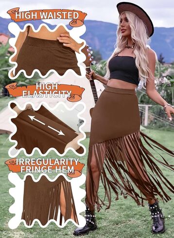 Ella Lust Womens Cowgirl Fringe Maxi Skirts - Western Country Concert Outfits Bodycon Hem Tassel High Waist Long Pencil Skirt in Saudi Arabia