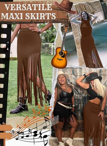Ella Lust Womens Cowgirl Fringe Maxi Skirts - Western Country Concert Outfits Bodycon Hem Tassel High Waist Long Pencil Skirt in Saudi Arabia