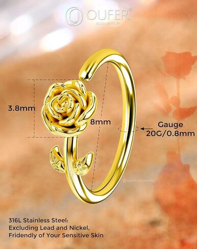 OUFER Nose Rings Flower Rose Seamless Open Nose Rings Hoops 20G, Stainless Steel Floral Nose Helix Daith Rook Tragus Piercing Jewelry for Women Men in Kuwait