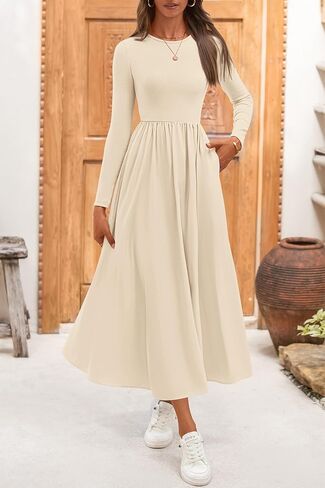 KIRUNDO Women Casual Long Sleeve Wedding Guest Dress Fall Dresses Homecoming Elegant Boho Flowy Midi Dress with Pockets in Kuwait