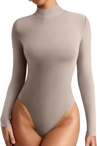 REORIA Women's Long Sleeve Bodysuits Mock Turtleneck Slim Tight Double Lined Basic Layering Body Suits Tops Fall Winter Outfits 2024(Light Coffee Small) in Kuwait
