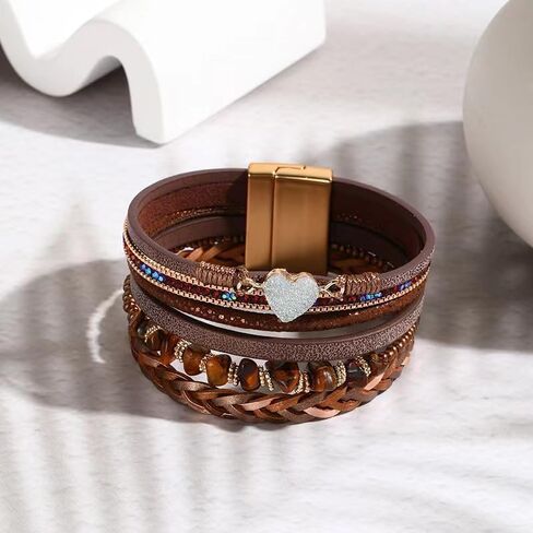 KunBead سباركلي القلب جلدية أساور مطوية للنساء اليدوية مضفر بوهو متعدد الطبقات سوار معصمه الكفة الإسورة بوهو البوهيمي in Saudi Arabia