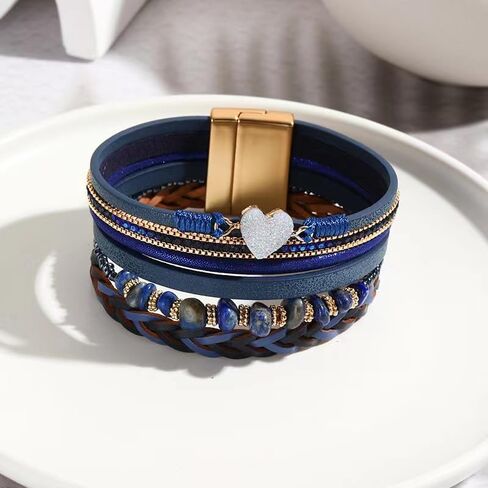 KunBead سباركلي القلب جلدية أساور مطوية للنساء اليدوية مضفر بوهو متعدد الطبقات سوار معصمه الكفة الإسورة بوهو البوهيمي in Saudi Arabia