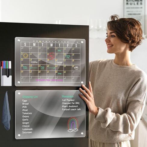 Scribbles That Matter Acrylic Calendar for Fridge, Set of 2 Boards, 6 Markers + Holder! Microfibre Cloth, Non-Scratch Silicon Caps for Magnets| Your Daily, Weekly, Monthly Fridge Calendar | 16" x 12" in Saudi Arabia
