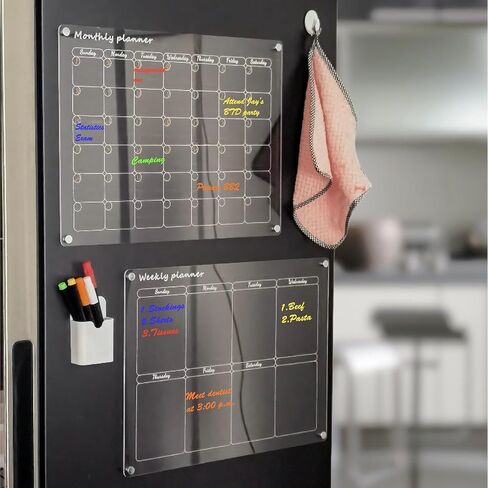 Scribbeo Magnetic Dry Erase Calendar Board for Fridge, 40cmx30cm Clear 2 Set, Acrylic Magnetic Fridge Calendar, Meal Planner for Fridge, Weekly Planner and Monthly Planner (Monthly and Weekly) in Saudi Arabia