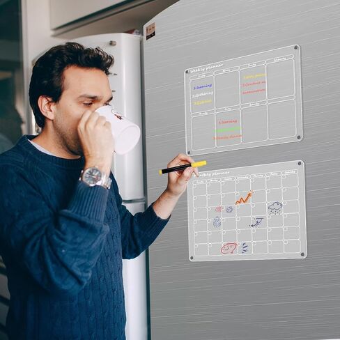 Scribbeo Magnetic Dry Erase Calendar Board for Fridge, 40cmx30cm Clear 2 Set, Acrylic Magnetic Fridge Calendar, Meal Planner for Fridge, Weekly Planner and Monthly Planner (Monthly and Weekly) in Saudi Arabia