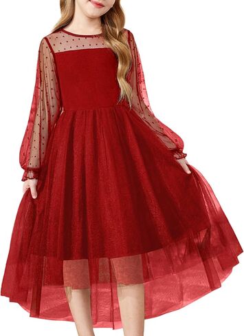 Arshiner Girls Dresses Contrast Mesh Long Sleeve Twirly High Low Birthday Party Formal Dress in Saudi Arabia