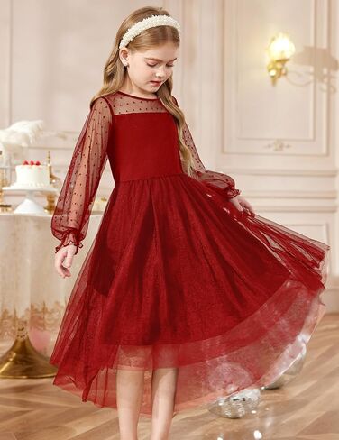 Arshiner Girls Dresses Contrast Mesh Long Sleeve Twirly High Low Birthday Party Formal Dress in Saudi Arabia