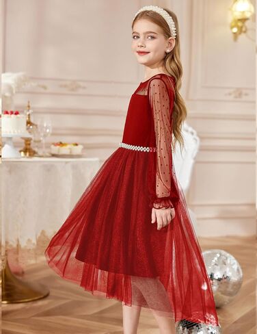 Arshiner Girls Dresses Contrast Mesh Long Sleeve Twirly High Low Birthday Party Formal Dress in Saudi Arabia