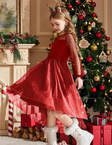 Arshiner Girls Dresses Contrast Mesh Long Sleeve Twirly High Low Birthday Party Formal Dress in Saudi Arabia