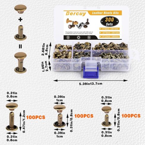 300 مجموعة من المسامير الجلدية من Dercuy، 3 أحجام من المسامير المعدنية الأنبوبية، ومسامير جلدية ذات غطاء دائري مزدوج لصناعة الجلود (فضية) in Kuwait