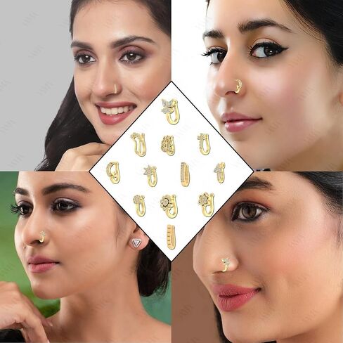 VAMA FASHIONS Clip on Nosepin Without Piercing Pressing Type Nose Rings Stud for Women - Combo 2pcs Gold & Silver in Saudi Arabia