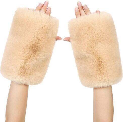 LA CARRIE Women Fingerless Faux Fur Gloves Smooth Furry Soft Fuzzy Plush Winter Cold Warmer Cuffs Black White for Girls in Kuwait