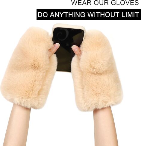 LA CARRIE Women Fingerless Faux Fur Gloves Smooth Furry Soft Fuzzy Plush Winter Cold Warmer Cuffs Black White for Girls in Kuwait