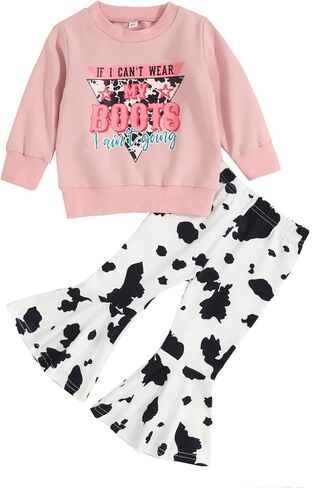Hnyenmcko Toddler Western Baby Girl Clothes Bell Bottom Outfits Long Sleeve Cowgirl Sweatshirt + Cow Print Pants Fall Outfit in Saudi Arabia