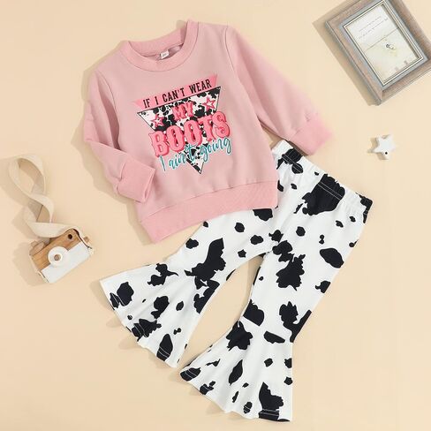 Hnyenmcko Toddler Western Baby Girl Clothes Bell Bottom Outfits Long Sleeve Cowgirl Sweatshirt + Cow Print Pants Fall Outfit in Saudi Arabia