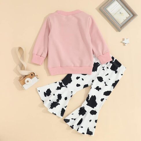 Hnyenmcko Toddler Western Baby Girl Clothes Bell Bottom Outfits Long Sleeve Cowgirl Sweatshirt + Cow Print Pants Fall Outfit in Saudi Arabia