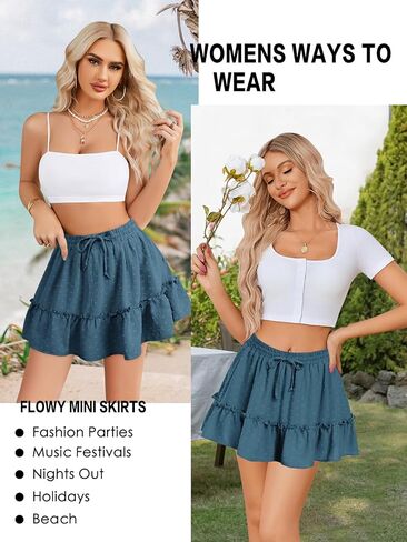Women's High Waist Ruffle Mini Skirt Built in Shorts A Line Flowy Boho Skirt with Pockets in Kuwait