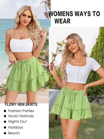 Women's High Waist Ruffle Mini Skirt Built in Shorts A Line Flowy Boho Skirt with Pockets in Kuwait