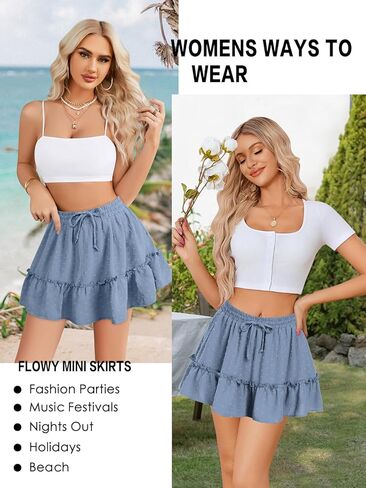 Women's High Waist Ruffle Mini Skirt Built in Shorts A Line Flowy Boho Skirt with Pockets in Kuwait