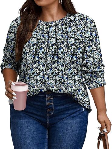 Women's Plus Size Shirts Long Sleeve Dressy Casual Tops Blouses Fashion Pleated Tunics in Saudi Arabia