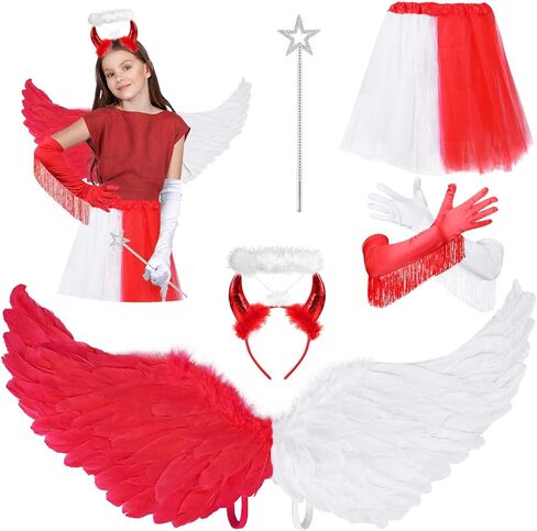 مجموعة ملحقات أزياء الهالوين المزدوجة من MOVINPE Devil and Angel للنساء، أجنحة ريش حمراء بيضاء، تنورة توتو، هالة الملاك مع عصابة رأس على شكل قرون الشيطان، قفاز طويل، حفلة تنكرية in Kuwait