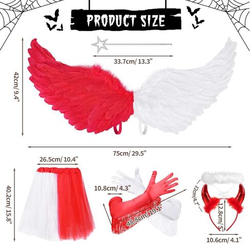 مجموعة ملحقات أزياء الهالوين المزدوجة من MOVINPE Devil and Angel للنساء، أجنحة ريش حمراء بيضاء، تنورة توتو، هالة الملاك مع عصابة رأس على شكل قرون الشيطان، قفاز طويل، حفلة تنكرية in Kuwait