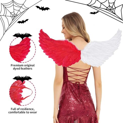 مجموعة ملحقات أزياء الهالوين المزدوجة من MOVINPE Devil and Angel للنساء، أجنحة ريش حمراء بيضاء، تنورة توتو، هالة الملاك مع عصابة رأس على شكل قرون الشيطان، قفاز طويل، حفلة تنكرية in Kuwait