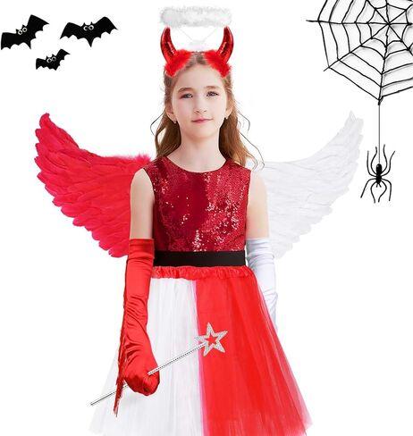 مجموعة ملحقات أزياء الهالوين المزدوجة من MOVINPE Devil and Angel للنساء، أجنحة ريش حمراء بيضاء، تنورة توتو، هالة الملاك مع عصابة رأس على شكل قرون الشيطان، قفاز طويل، حفلة تنكرية in Kuwait