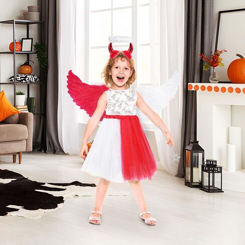 مجموعة ملحقات أزياء الهالوين المزدوجة من MOVINPE Devil and Angel للنساء، أجنحة ريش حمراء بيضاء، تنورة توتو، هالة الملاك مع عصابة رأس على شكل قرون الشيطان، قفاز طويل، حفلة تنكرية in Kuwait