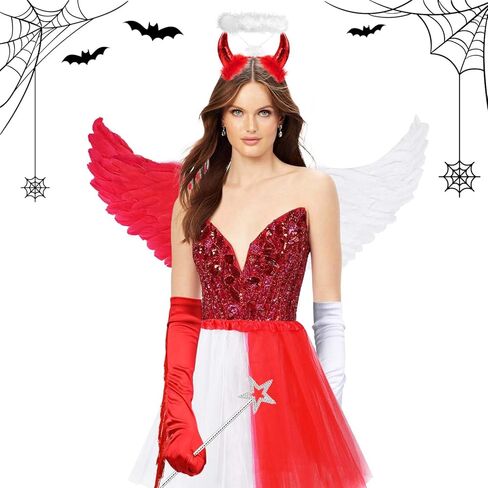 مجموعة ملحقات أزياء الهالوين المزدوجة من MOVINPE Devil and Angel للنساء، أجنحة ريش حمراء بيضاء، تنورة توتو، هالة الملاك مع عصابة رأس على شكل قرون الشيطان، قفاز طويل، حفلة تنكرية in Kuwait