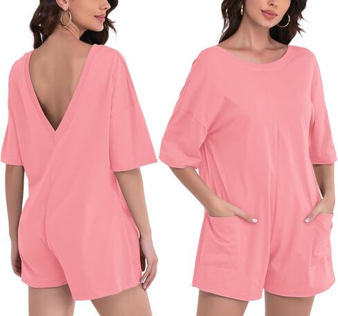 FLORENCE IISA Women's Summer Short Sleeve Romper Casual Reversible Oversized Jumpsuit Overall Hot Shot Tee Romper with Pocket in Kuwait