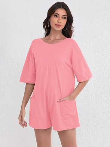 FLORENCE IISA Women's Summer Short Sleeve Romper Casual Reversible Oversized Jumpsuit Overall Hot Shot Tee Romper with Pocket in Kuwait