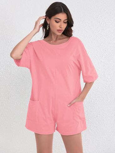 FLORENCE IISA Women's Summer Short Sleeve Romper Casual Reversible Oversized Jumpsuit Overall Hot Shot Tee Romper with Pocket in Kuwait