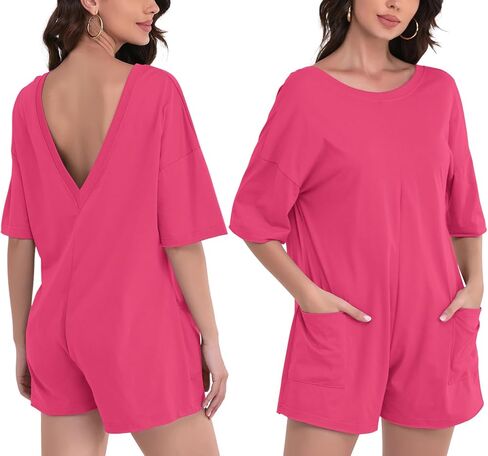 FLORENCE IISA Women's Summer Short Sleeve Romper Casual Reversible Oversized Jumpsuit Overall Hot Shot Tee Romper with Pocket in Kuwait