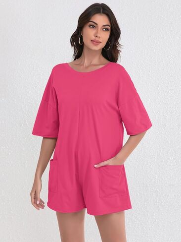 FLORENCE IISA Women's Summer Short Sleeve Romper Casual Reversible Oversized Jumpsuit Overall Hot Shot Tee Romper with Pocket in Kuwait