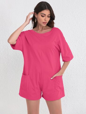 FLORENCE IISA Women's Summer Short Sleeve Romper Casual Reversible Oversized Jumpsuit Overall Hot Shot Tee Romper with Pocket in Kuwait